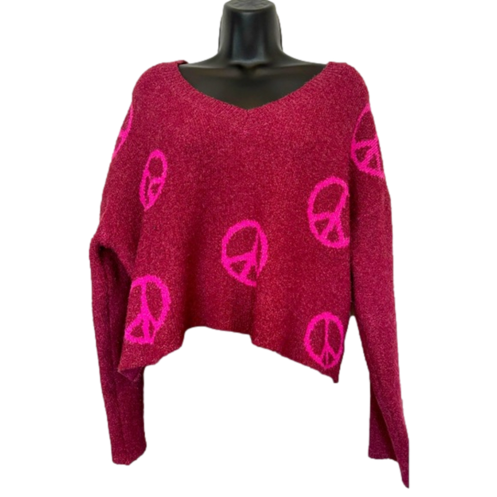 Nobo Peace Print Cropped Lightweight V-Neck Sweater